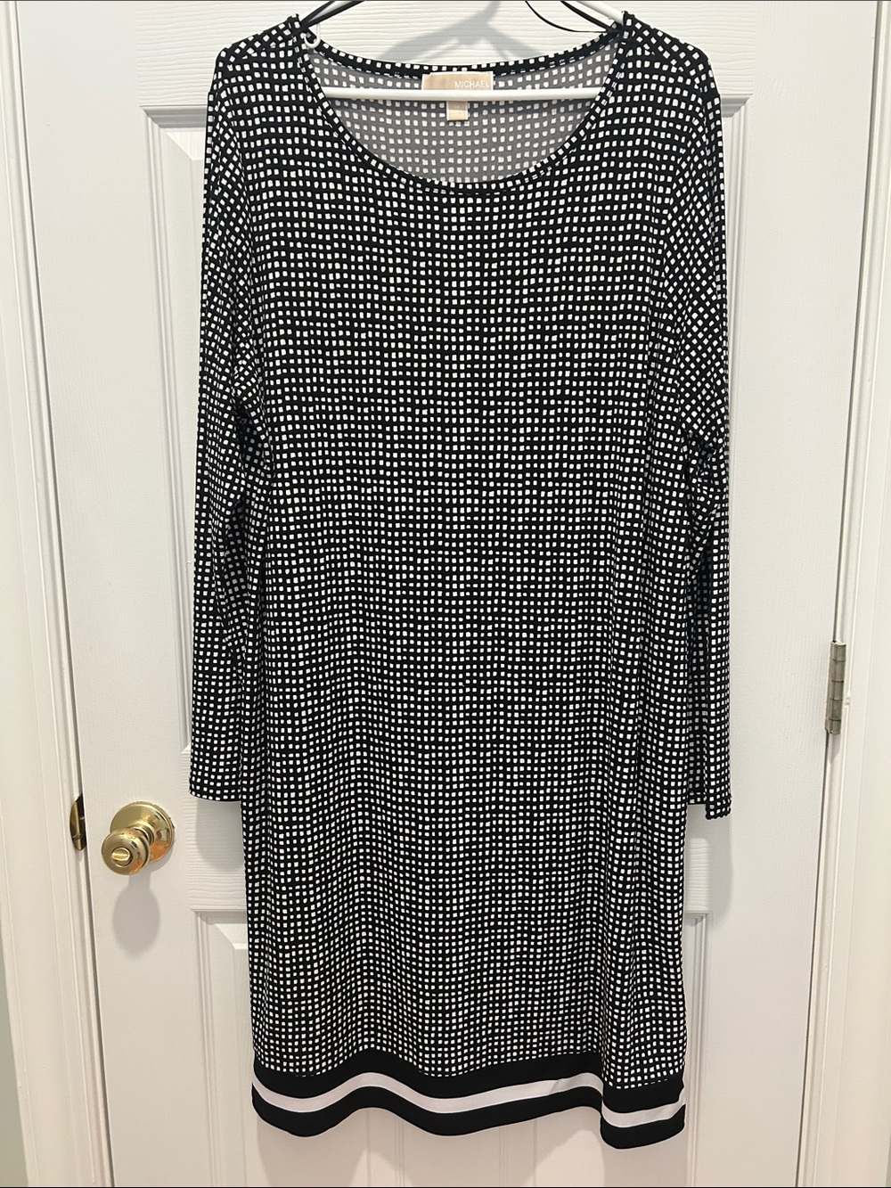 Michael Kors Black and White Dot-Check Long Sleeve Dress